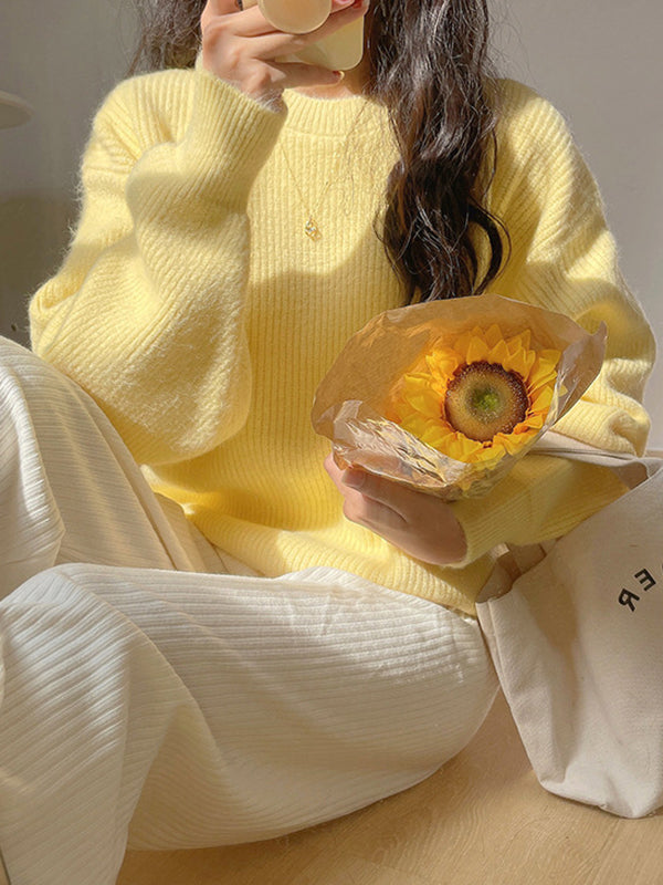 Cute Yellow Round-Neck Long Sleeve Sweater AN1041