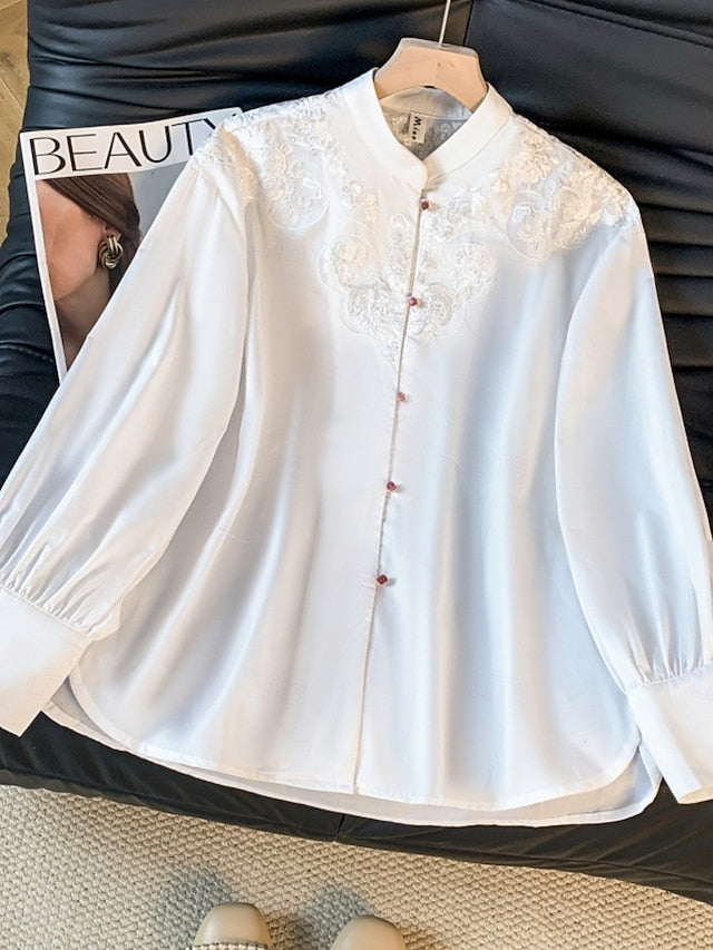 Women's Shirt Blouse Long Sleeve Tops Embroidered Plain