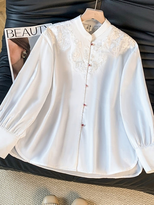 Women's Shirt Blouse Long Sleeve Tops Embroidered Plain