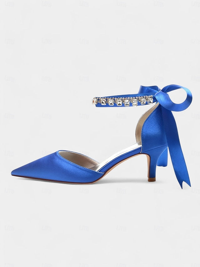 Satin Ankle Strap Blue Heels Pointed-Kitten and with Rhinestone