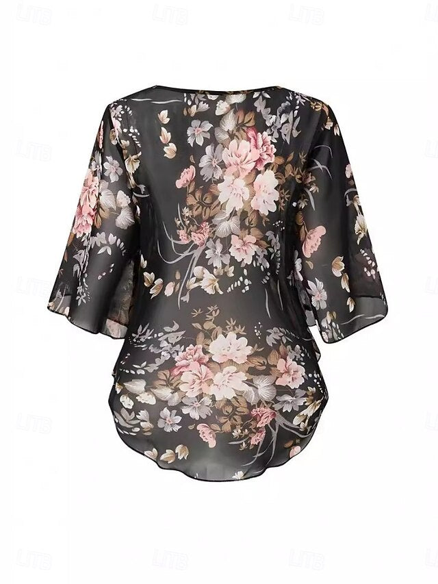 Women's Shirt Blouse Mesh Print Floral Stylish Casual 3/4