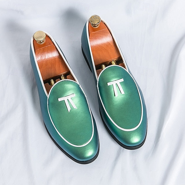 Yellow Loafers Black Leather with Faux Trim Men's Patent