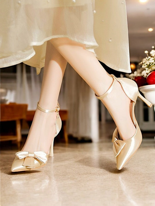 Champagne Pumps Ankle – Strap Bow Women's Classy Pointed