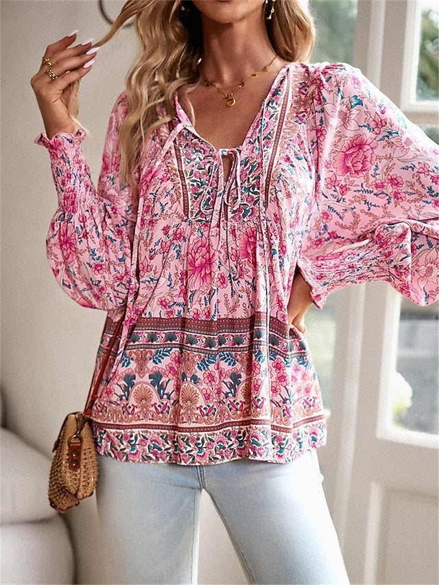 Women's Shirt Blouse Casual Boho Floral Lace up Print Long