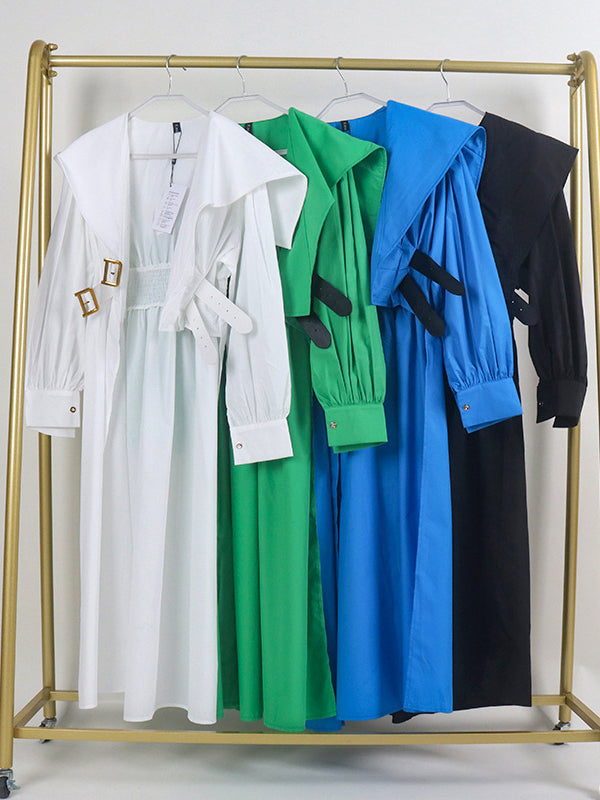 High Belted Pleated Lapel Long Black Asymmetric Waisted Modern