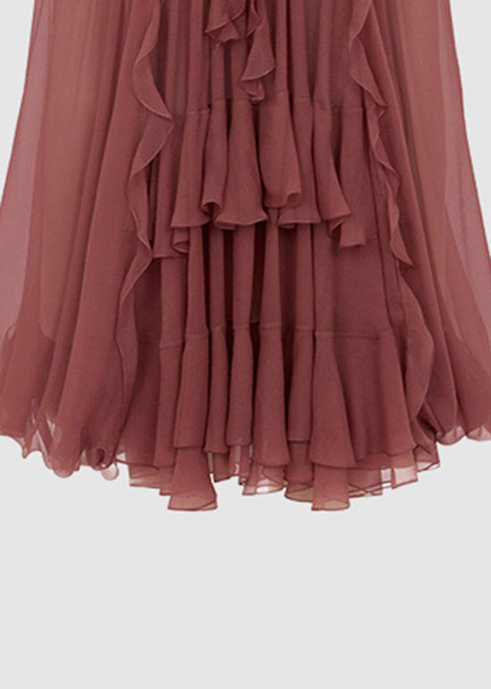 Fall Brick Patchwork Ruffled Chiffon Tops Shirt Red French