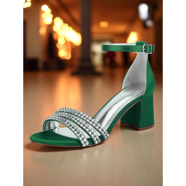 Heel Rhinestone Purple Women's Sandals with Block Satin