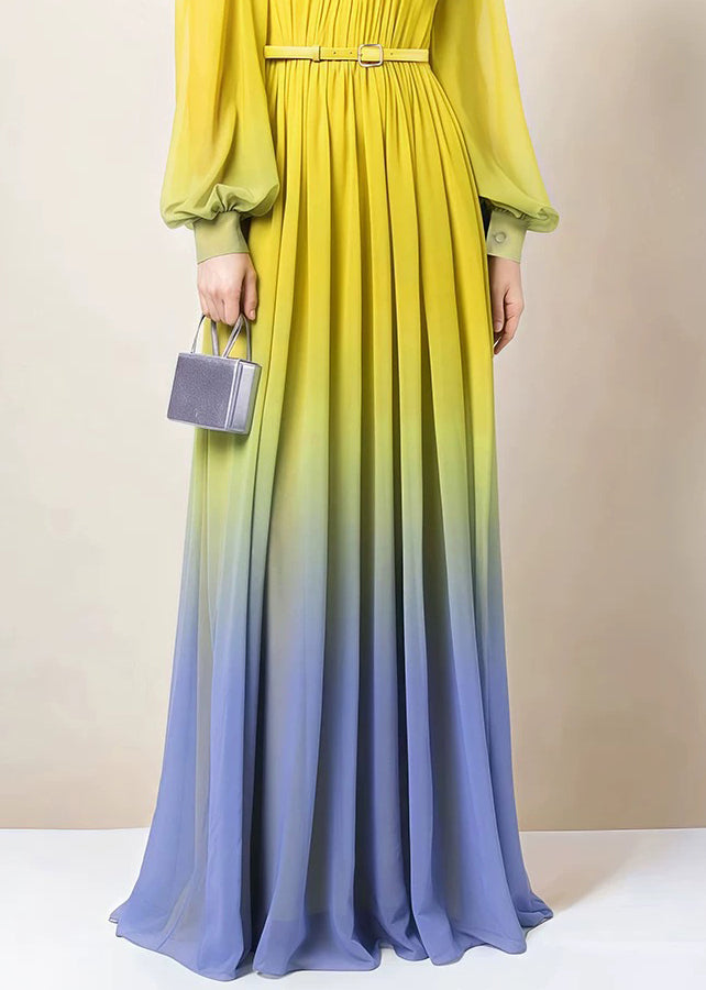 Fall Dress Button Chiffon Wrinkled Gradient Italian Ankle Color