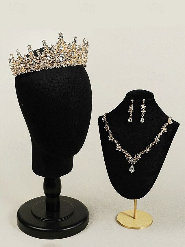 and Sparkling Diamond Set Crown Tiara Necklace – Gold-Plated