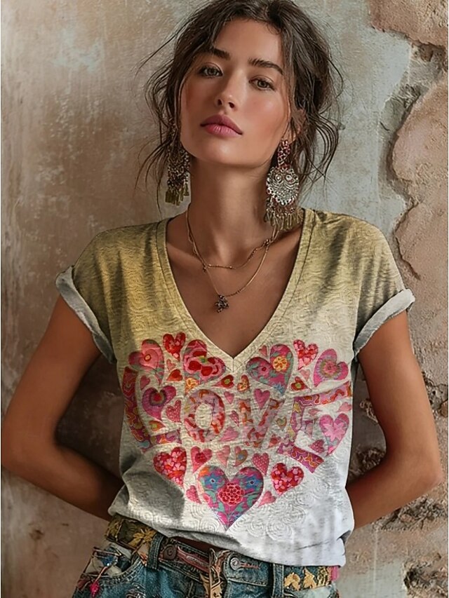 Valentine's Day Women's T Shirt Print Heart Floral
