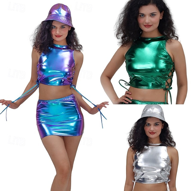 Metallic 1980s Shiny Latex Patent Crop Top Halter PU Leather
