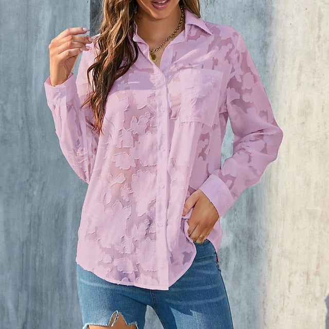 Women's Shirt Blouse Chiffon Tops Pocket 3D Print Buttons