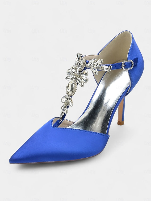 Satin T-Strap Heels – Navy Women's Toe Pointed Blue
