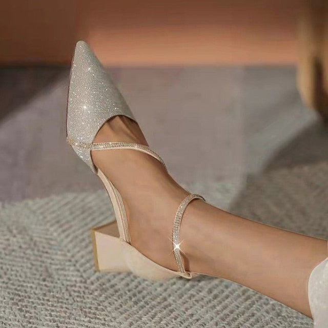 Pointed Heels Women's Glitter Toe Mesh with Ankle Block
