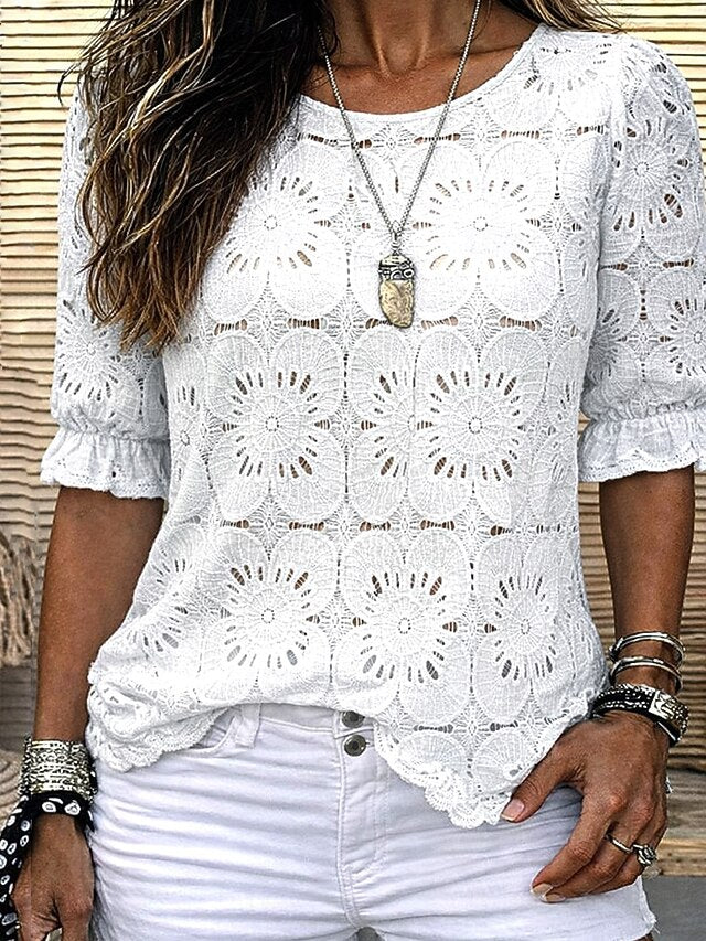 Women's Lace Splicing Top Blouse Lace Patchwork Solid Color