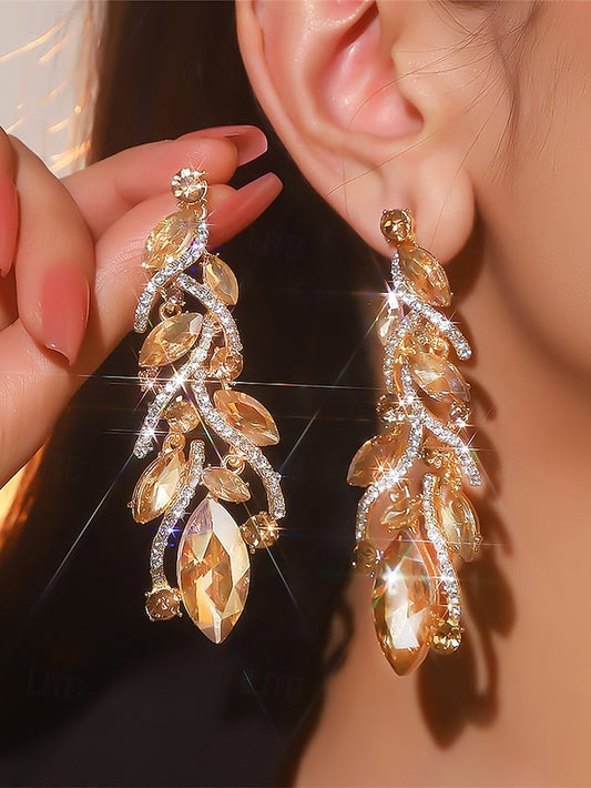 Design Women's Earrings Leaf Crystal Elegant Gold -
