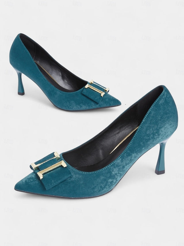 Velvet Elegant Pointed Women's Kitten - Heel Teal Toe Pumps