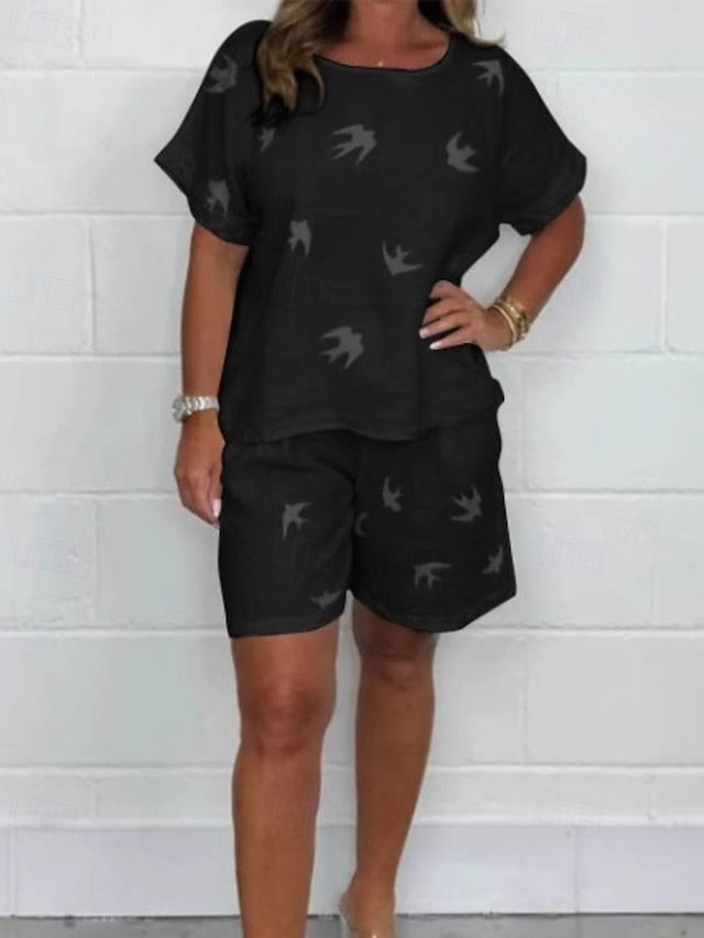 Women's Cotton Linen Sets Shorts Sets Short Sleeve Crew