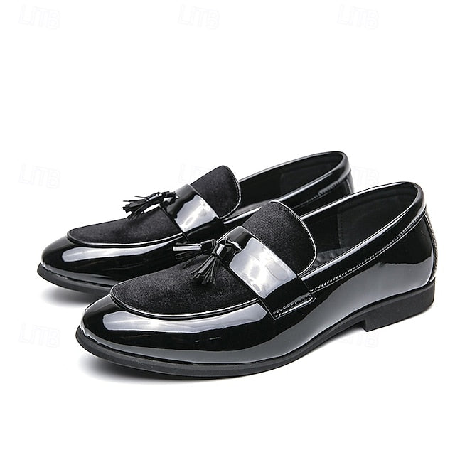 Faux Black Patent Loafers Leather Men's Velvet Tassel –