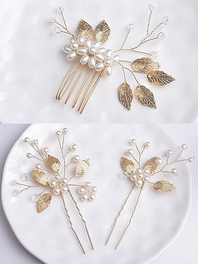 Silver Faux Accessory Bridal Leaf with Hair Gold Pearls and Set
