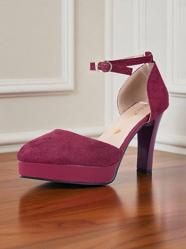 Heel High Suede Platform Women's Ankle Burgundy 1950s Strap