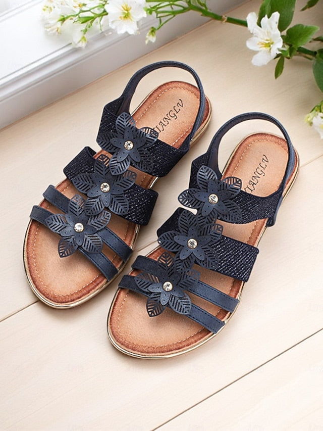 – Floral Sandals Elegant Flat Women's Beige Rhinestone