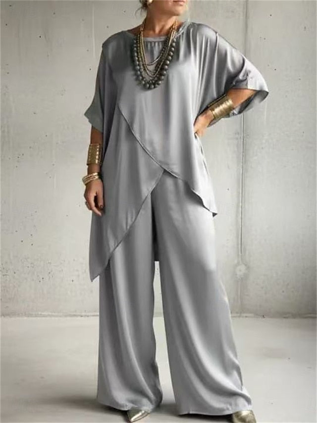 Women's Pants Sets Half Sleeve Round Neck Plain Ruched