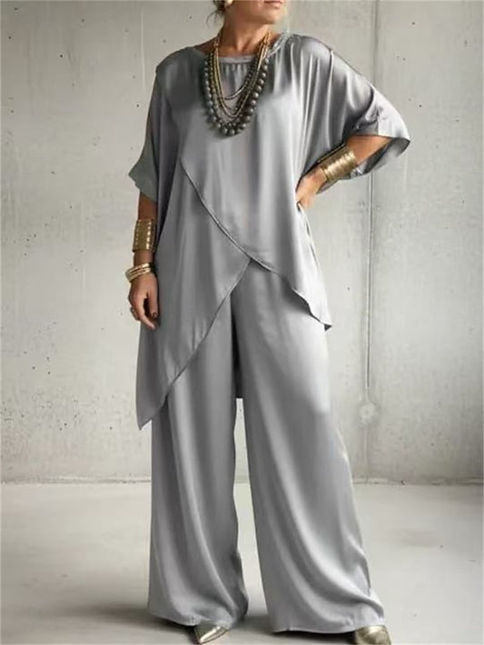 Women's Pants Sets Half Sleeve Round Neck Plain Ruched