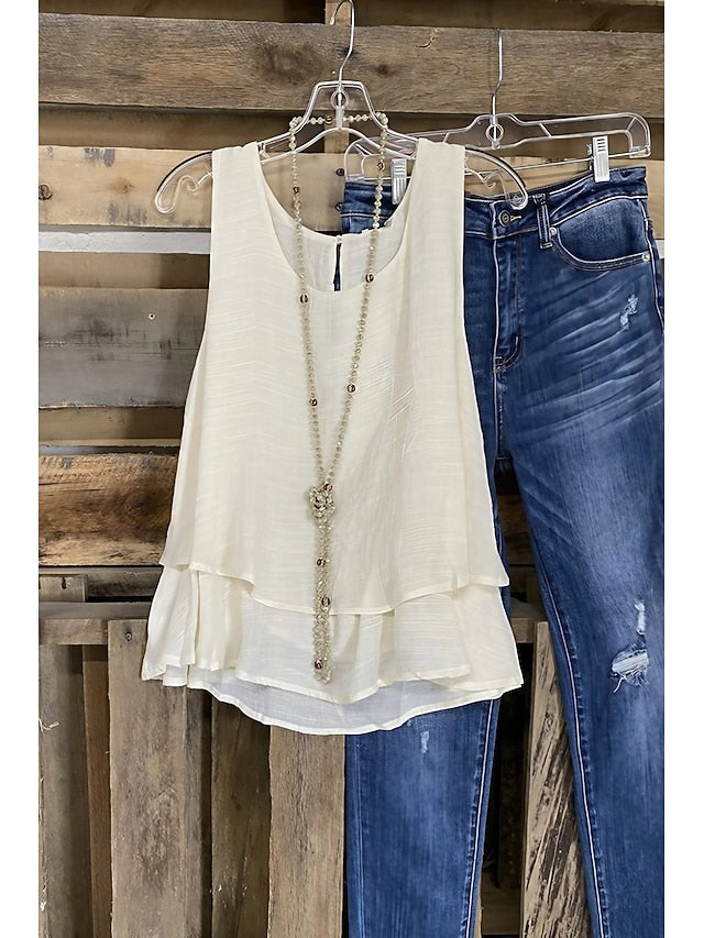 Women's Cotton Linen Shirts Tank Top Layered Plain Basic