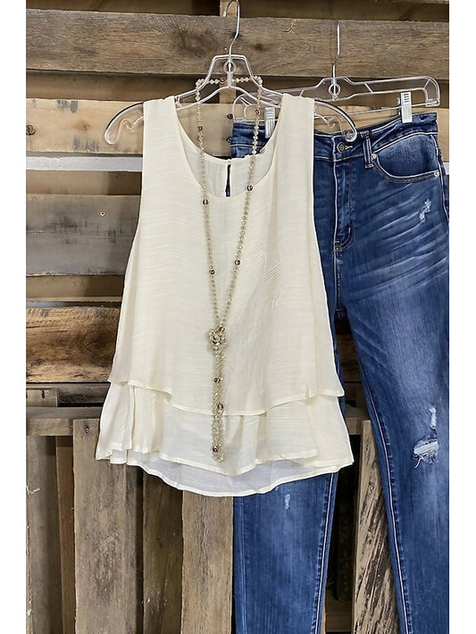 Women's Cotton Linen Shirts Tank Top Layered Plain Basic