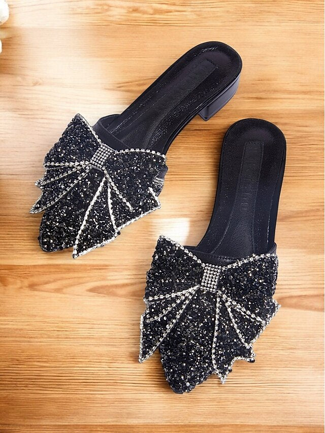 – Rhinestone-Bow Flat for Parties and Black Mules Perfect