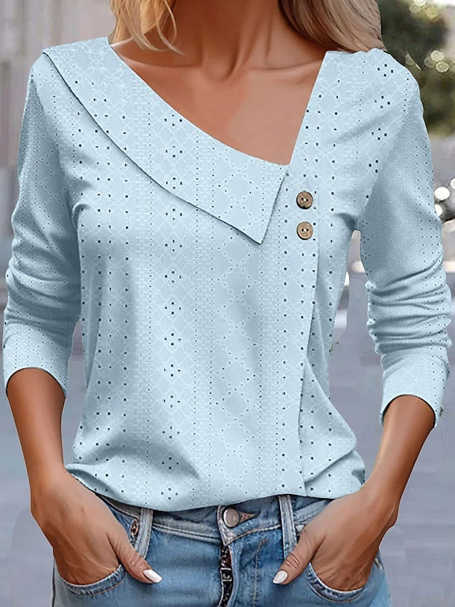 Women's Pointelle Shirt Eyelet Top Blouse Patchwork Solid