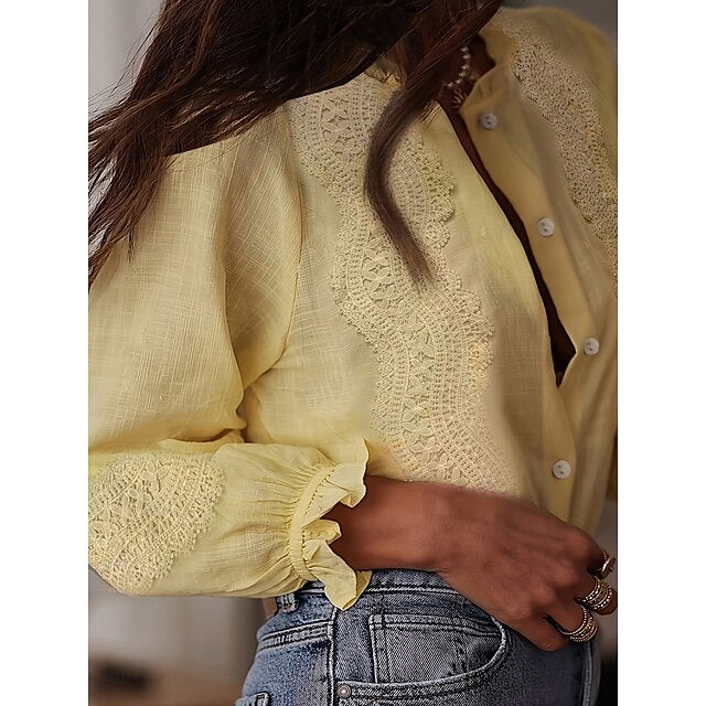 Women's Casual Shirt Button Up Shirt Blouse Ruffle Lace