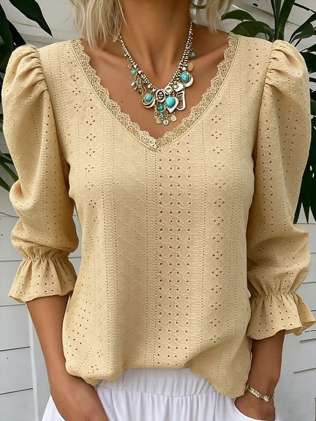 Women's Shirt Blouse Eyelet top Long Sleeve Tops Eyelet