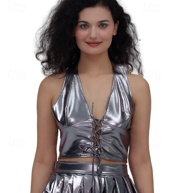 Retro Vintage 1980s Crop Top Disco Halter Shiny Latex Patent