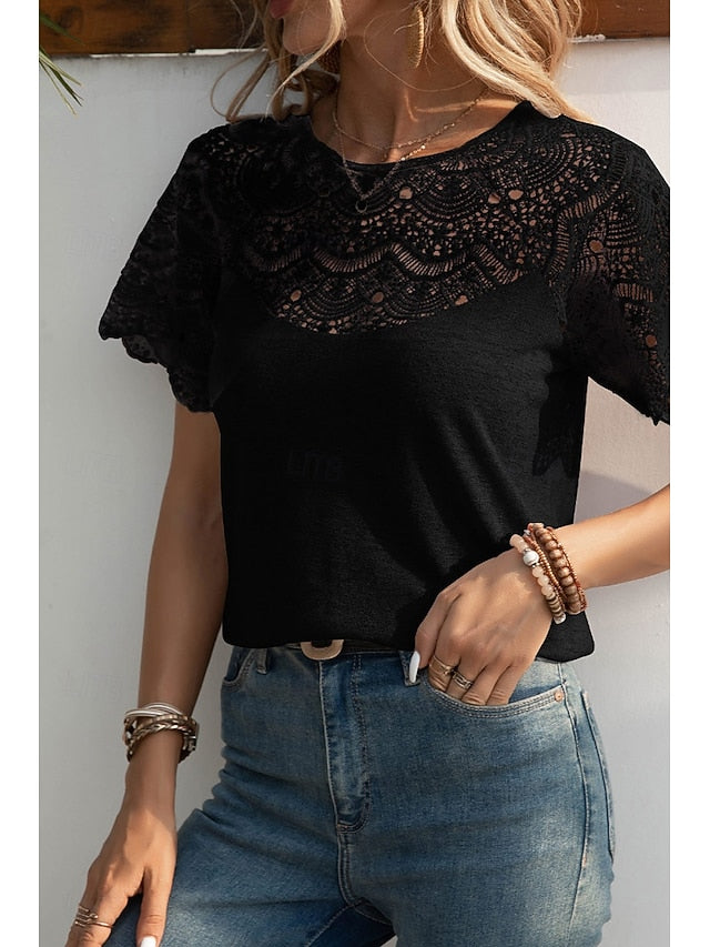 Women's Blouse Lace Tops Lace Plain Casual Short Sleeve