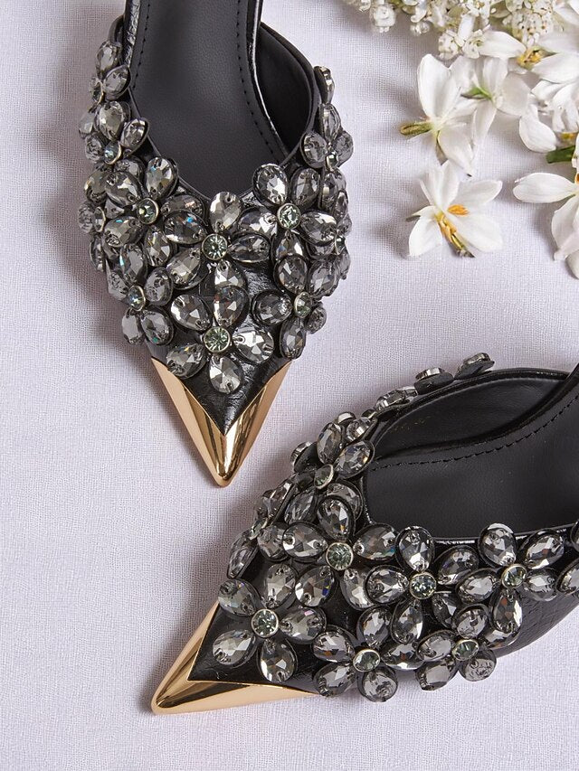 Pointed-Toe Mules – Black Embellished Women's Rhinestone