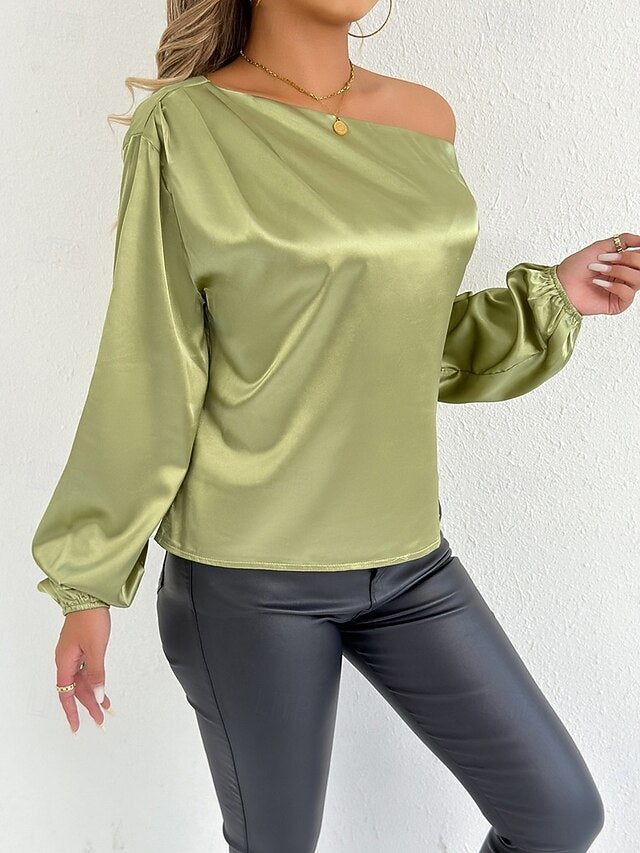 Women's Satin Tee Top Elegant Stylish Long Sleeve Puff