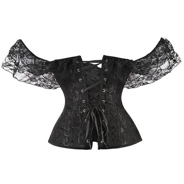 Women Floral Lace Off Shoulder Overbust Corset Bustier Boned