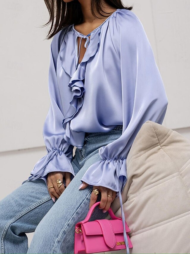 Women's Shirt Blouse Ruffle Patchwork Plain Elegant