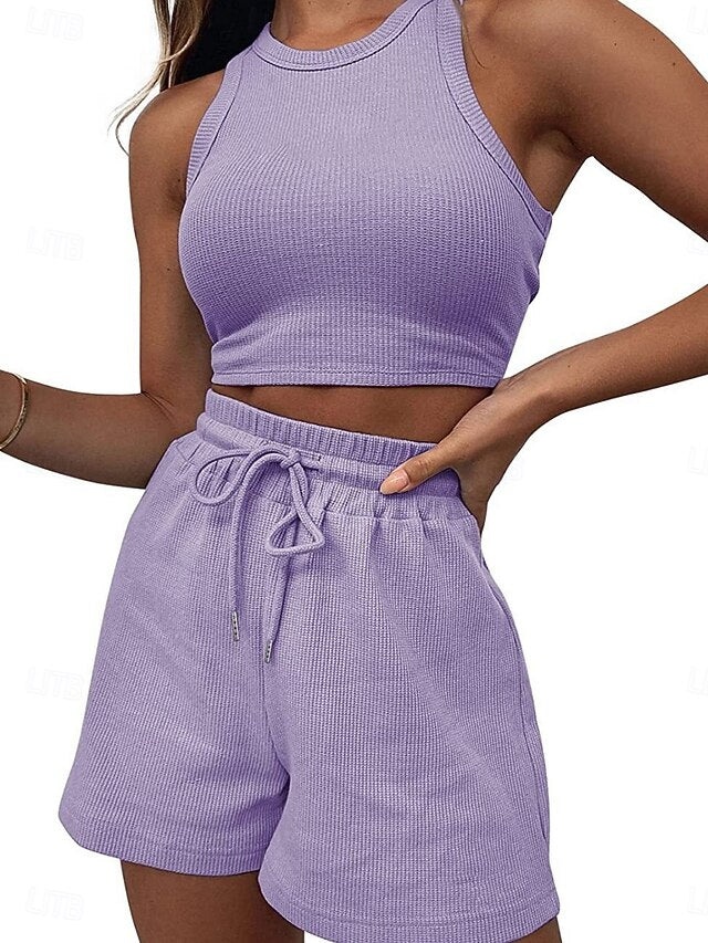 Women's Shorts Sets Sleeveless Crew Neck Solid Color