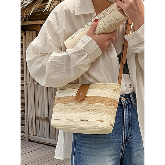 Tote Women's Colorblock Striped Woven Brown Bag Straw with