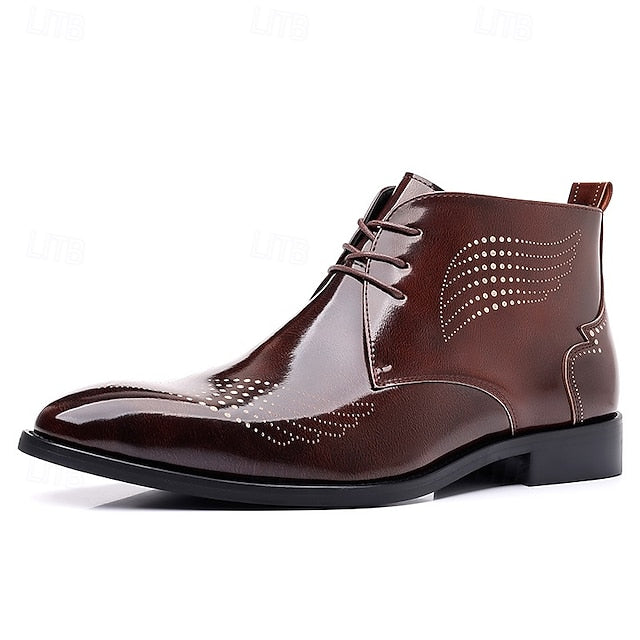 Burgundy Glossy Wingtip Faux Brogue Ankle Leather Men's