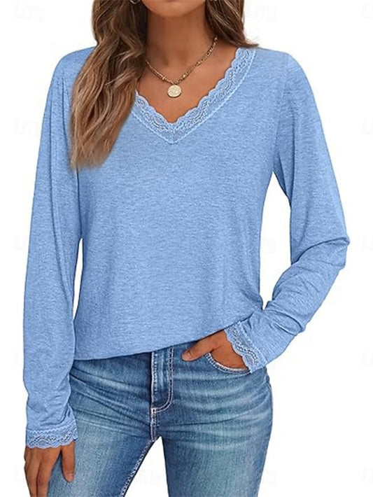 Women's T-Shirt  Solid Color Stylish Casual Long Sleeve V