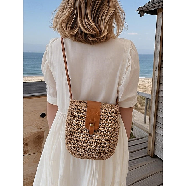 Women’s Bag Chic Leather - Strap Straw with Crossbody Woven