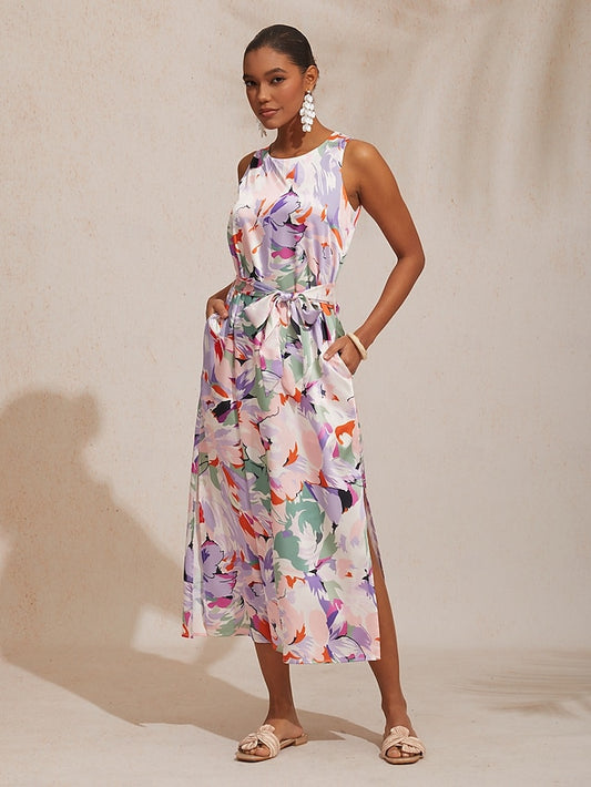 Vacation Abstract Floral Print Straight Fit Satin Maxi Dress