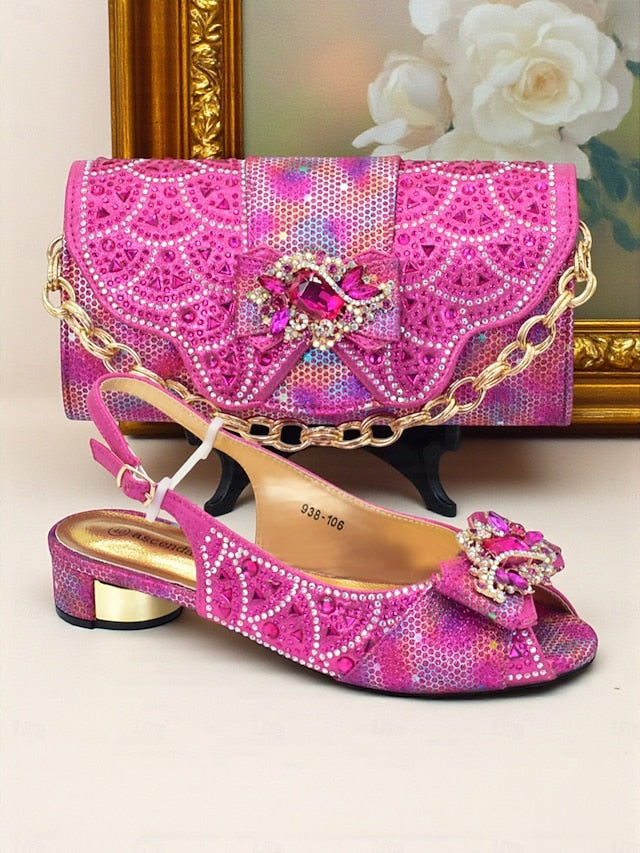 Matching Women's Heels Gold Slingback and Rhinestone Clutch