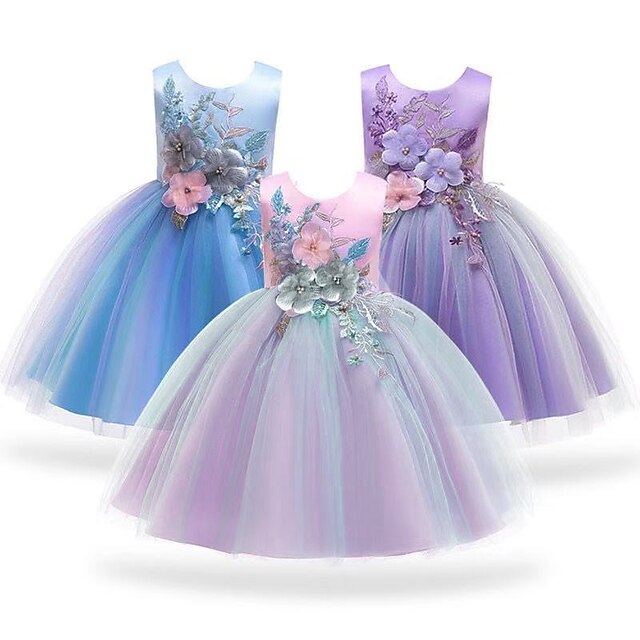 Lace Kids Purple Blue Girls' Party Dress Blushing Floral