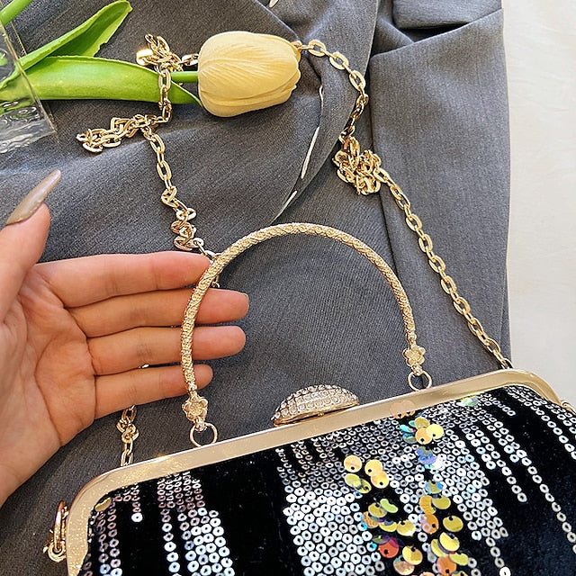 Women's Ivory Sequin Top Handle Clutch with Chain Strap,