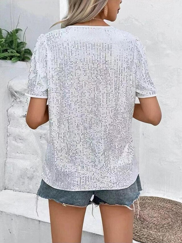 Women's Mesh Shirt Sequins Vintage Stylish Sexy Short